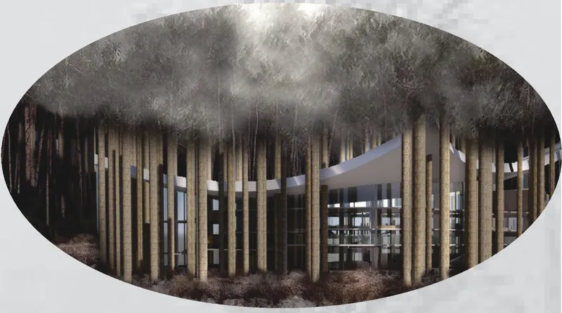 Exterior rendering of glass pavilion integrated among vertical tree trunks in misty forest