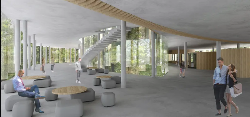 Column-supported concrete ceiling over open floor with helical staircase and lounge seating among trees
