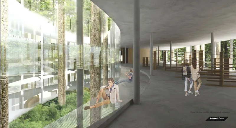 Interior view through glass walls with preserved trees and curved screen at forest edge