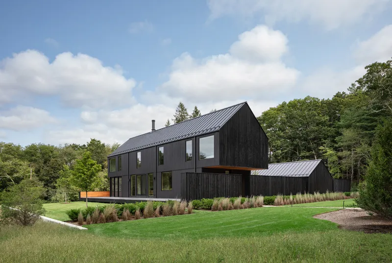 Black vertical board and batten volumes with metal standing seam roofs set in a lawn edged with ornamental grasses
