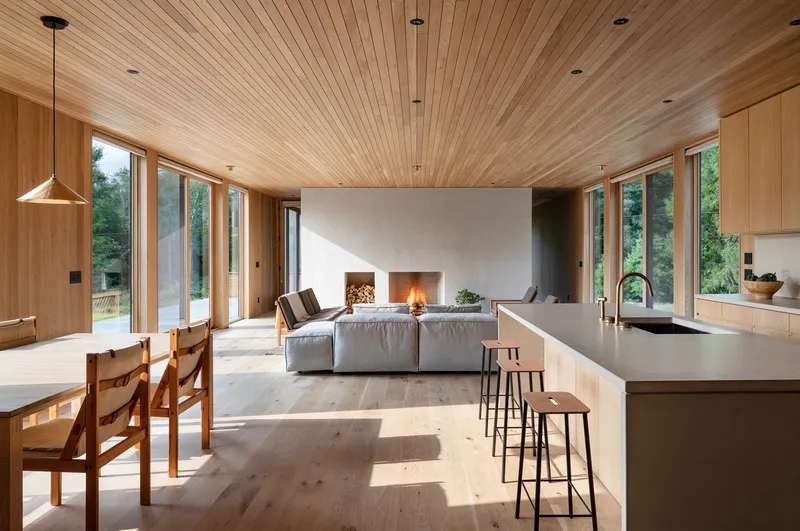 Open living space with plaster fireplace wall, wood slat ceiling, and glass doors opening to lawn