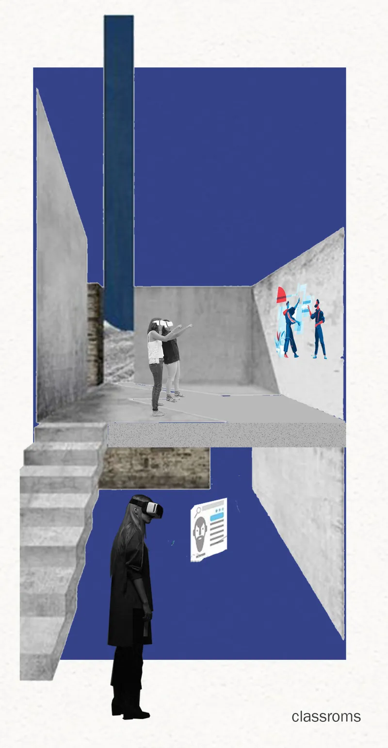 Axonometric collage showing classroom spaces with blue surfaces, concrete walls, stairs, and figures with wall posters