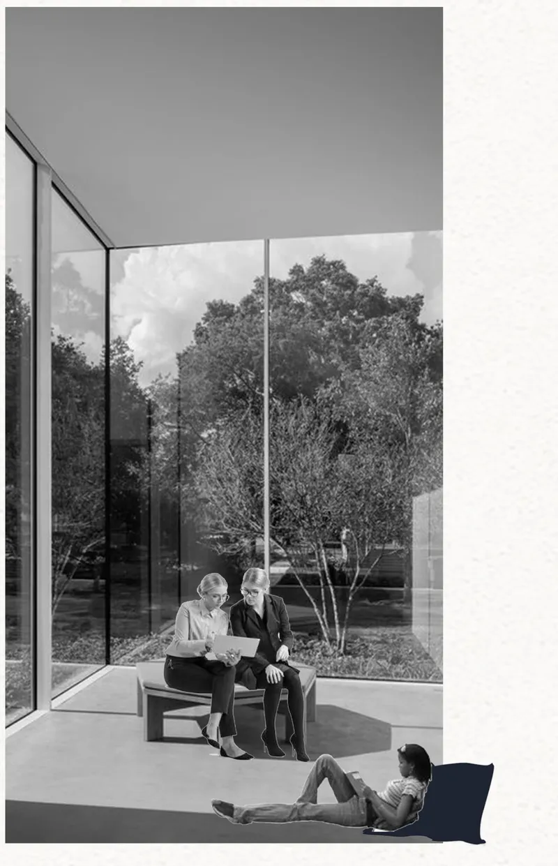 Glass-walled interior corner with two seated figures and one reclining, framed by courtyard trees beyond