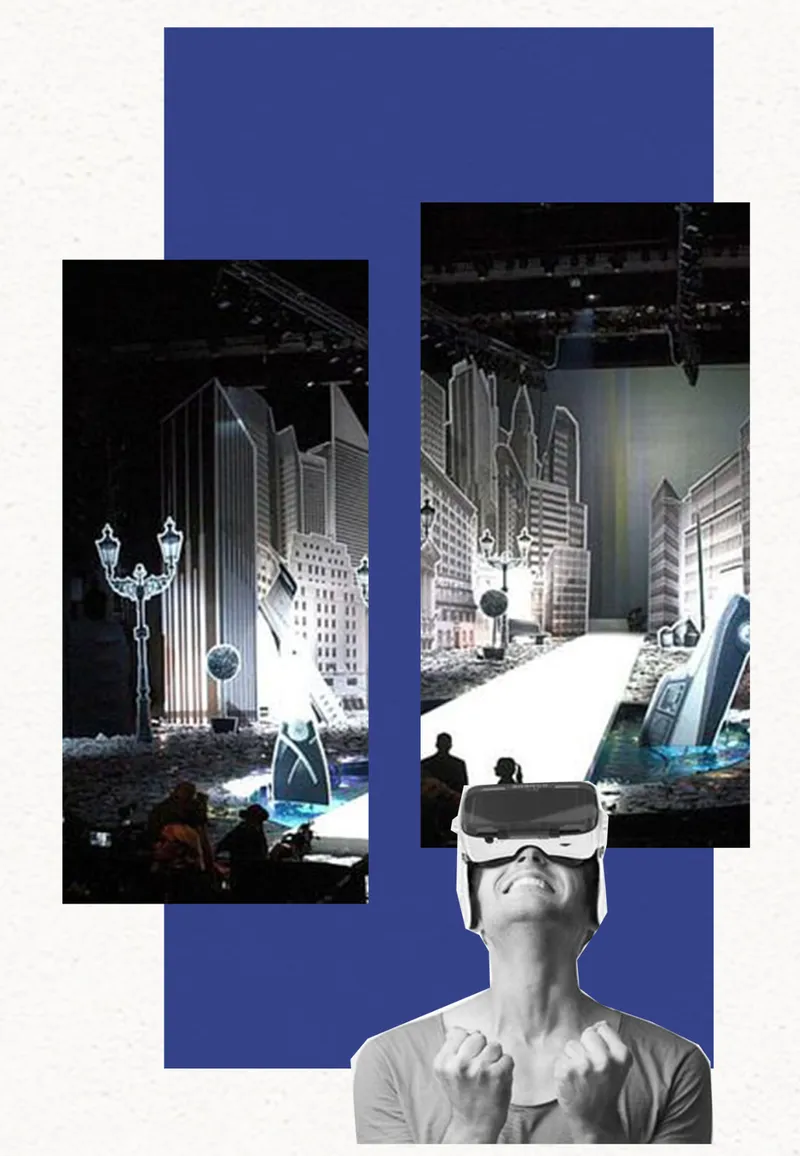 Collage with figure wearing virtual reality headset below projected urban night scenes and exhibition viewers