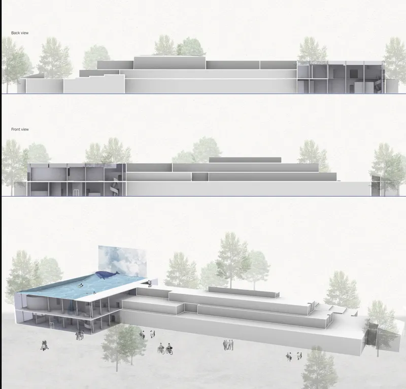 Elevation and axonometric drawings showing a horizontal terraced complex with trees and scattered figures on the ground plane