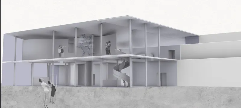 Section model showing two-story dwelling with stairs, columns, and figures placed throughout the interior and exterior