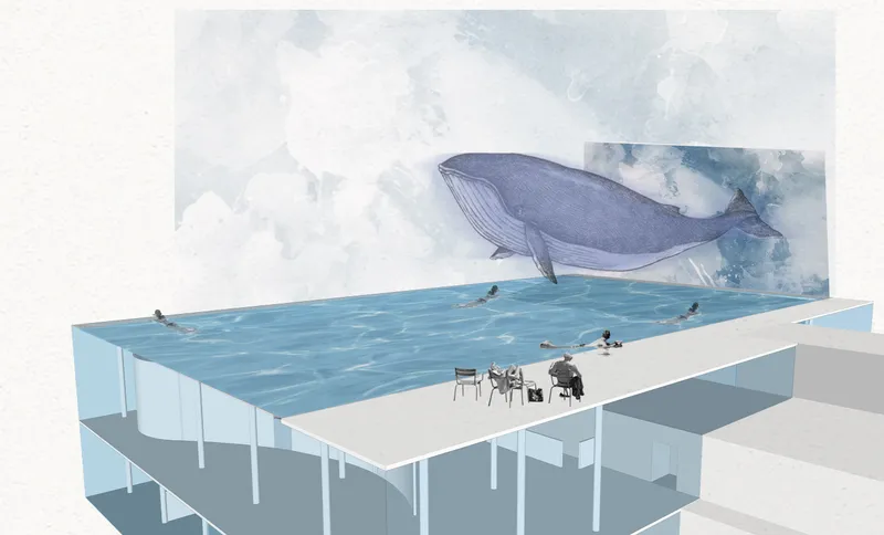 Perspective rendering of an elevated pool deck with whale illustration overhead, swimmers in water, and seated diners