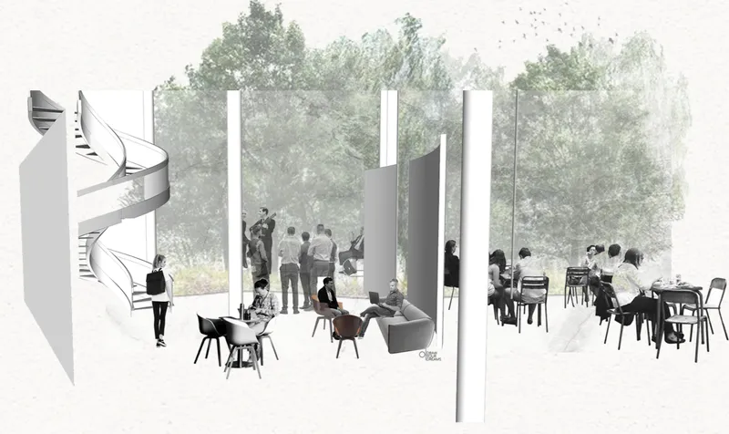 Section drawing showing a spiral staircase and glazed dining area with seated figures beneath trees