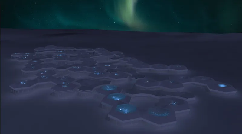 Aerial rendering of hexagonal modules arranged in a cluster formation beneath the northern lights at dusk