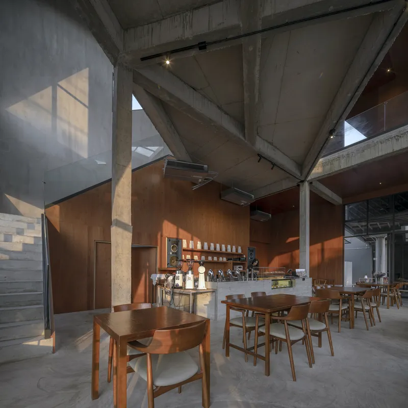 Cafe interior showing diagonal concrete bracing, timber seating and sunlight streaming through angular window openings