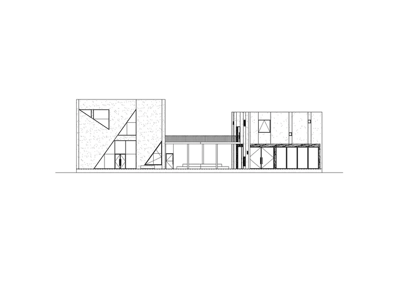 Elevation drawing showing textured concrete facade with diagonal window openings and low connecting volume