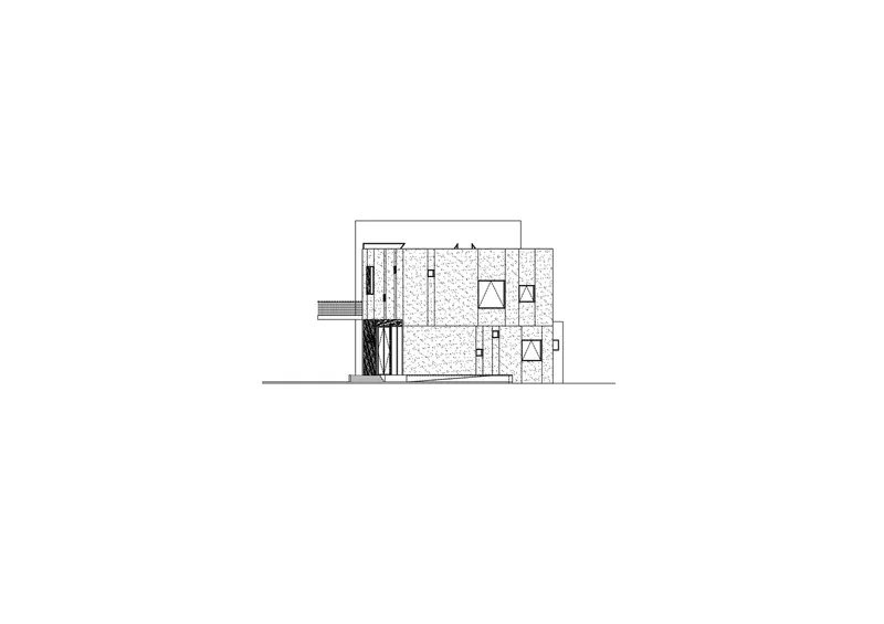 Elevation drawing of textured facade with triangular and square window openings