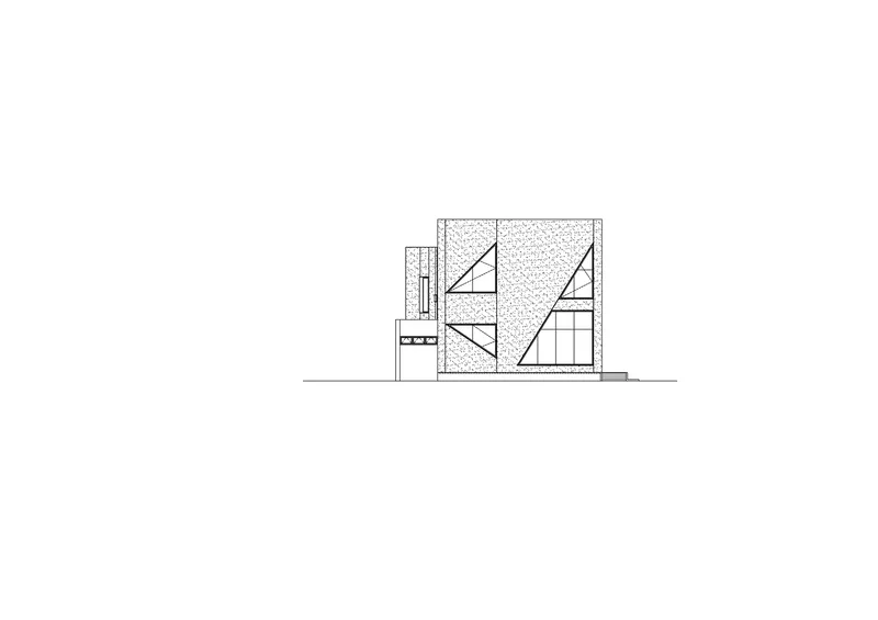 Elevation drawing of textured facade with symmetrical diagonal window openings and narrow vertical entrance