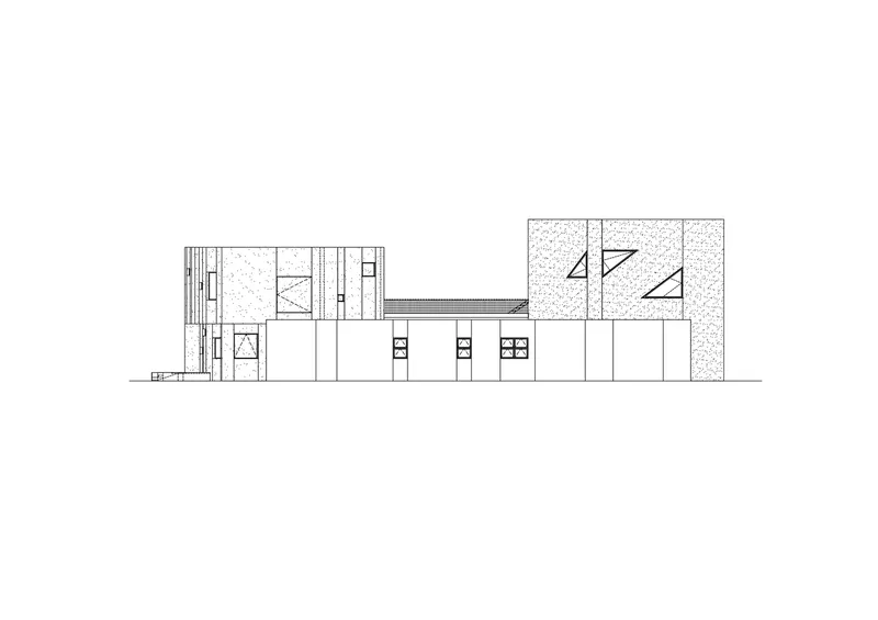 Elevation drawing showing connected volumes with textured walls and diagonal triangular windows