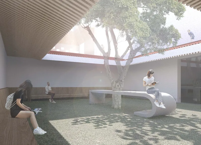 Courtyard rendering with a planted tree, curved bench seating, and perforated shade canopy overhead