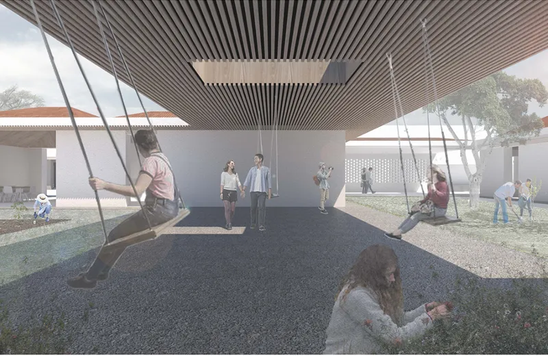 Covered outdoor space with slatted timber ceiling, rope swings, and children playing on dark gravel