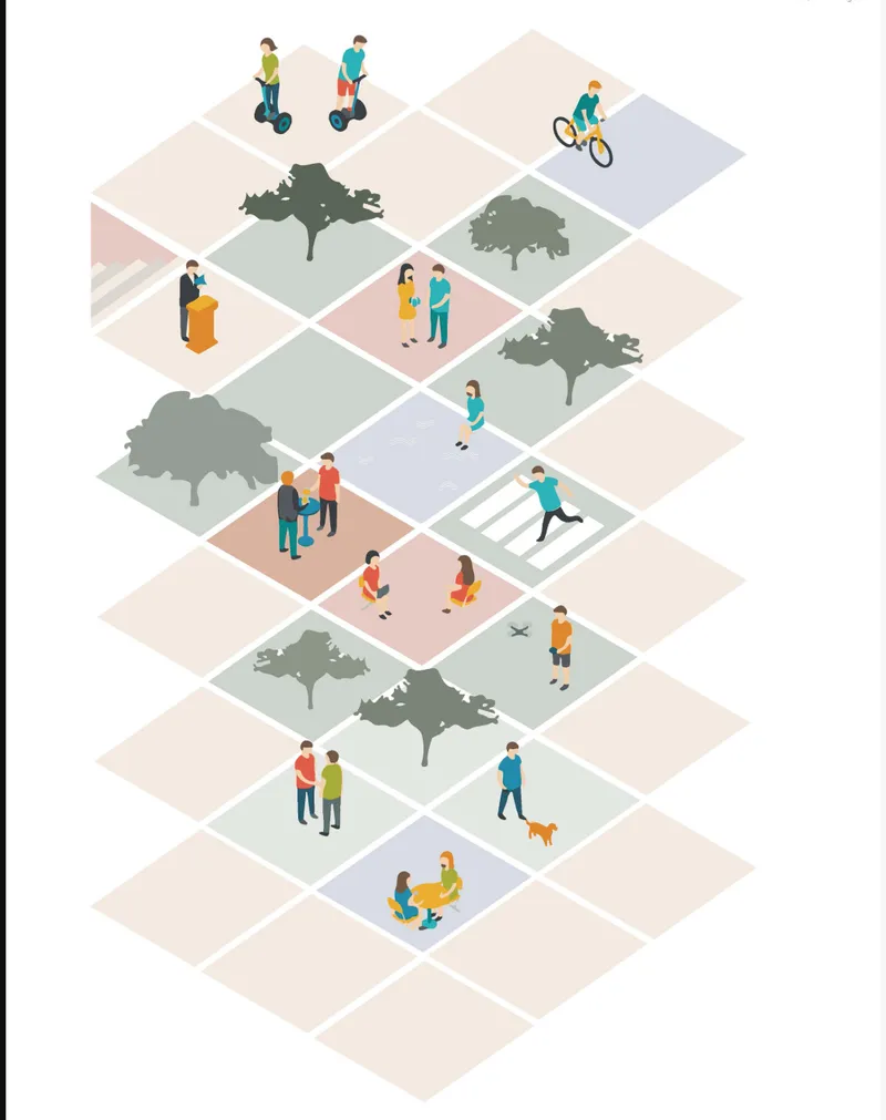 Isometric drawing showing a grid of public spaces with trees, pedestrians, and cyclists