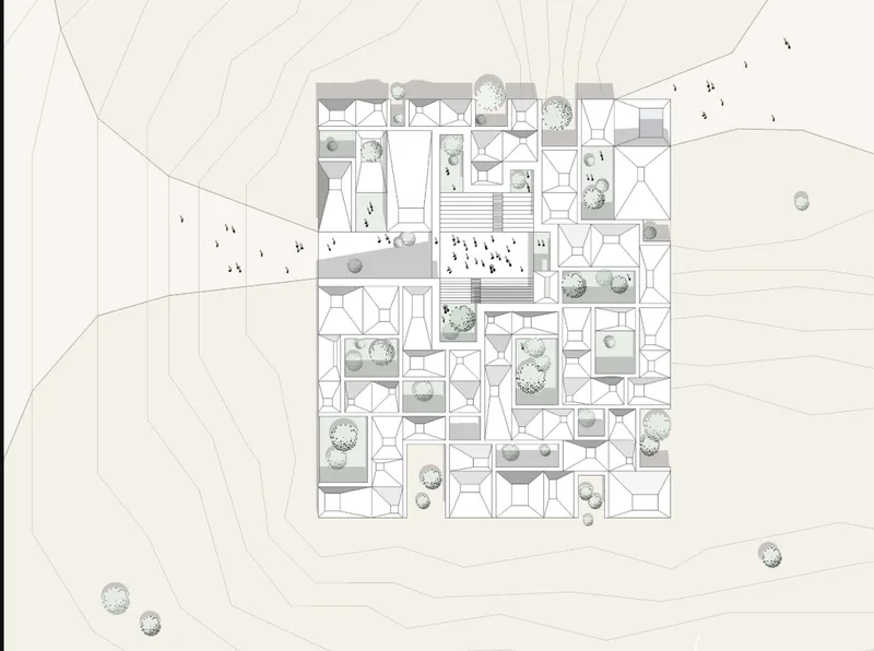 Site plan drawing showing a grid of housing units with courtyards and scattered trees on contoured terrain