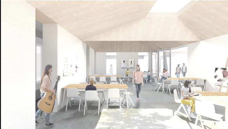 Rendered interior of a community room with plywood tables and people gathering under timber ceiling