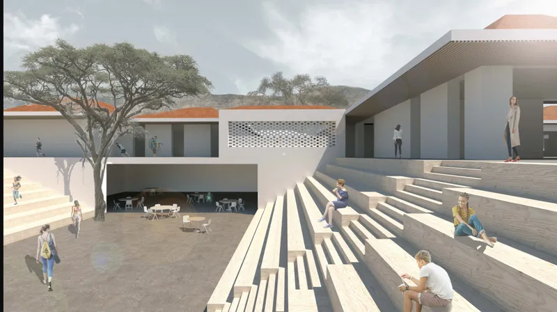 Rendered courtyard amphitheater beneath a mature tree with perforated screen and raised terrace above