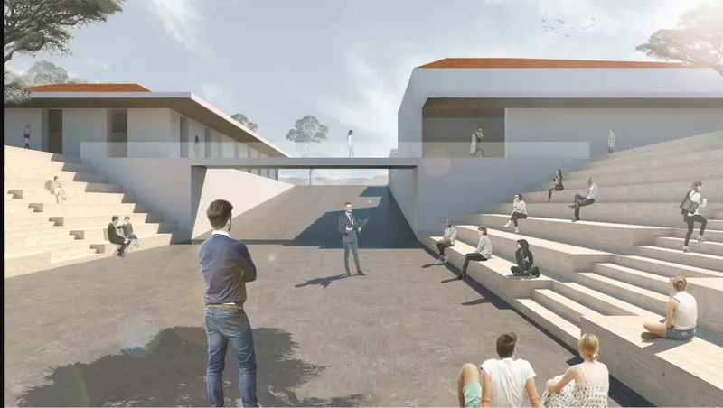 Rendered amphitheater with broad concrete stepped seating connecting two low pavilion volumes with terracotta roofs