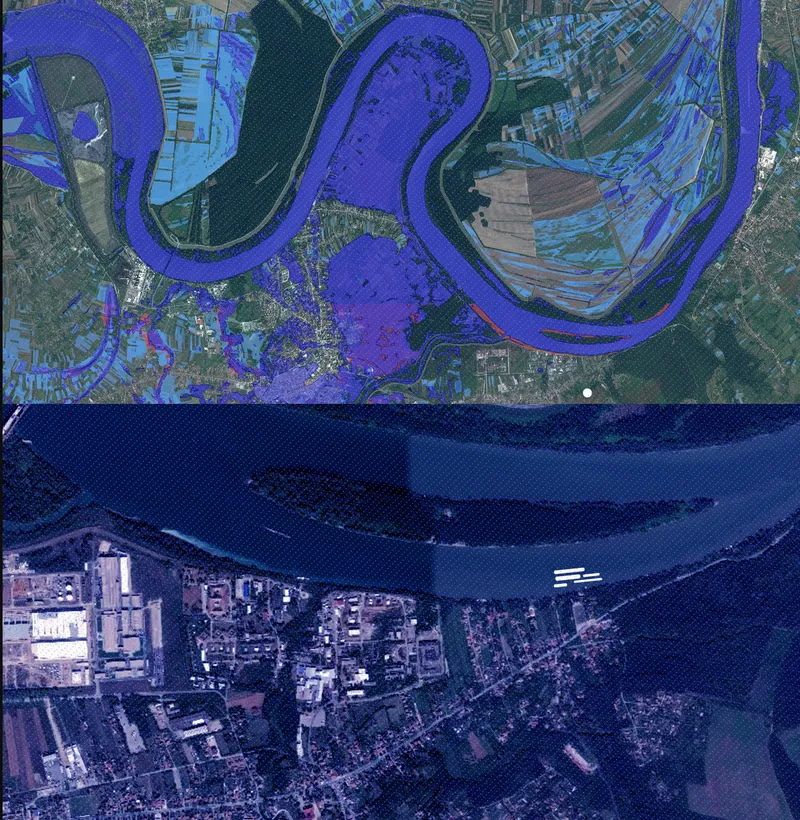 Aerial site plan drawing with three-lobed diagram overlay showing development zones along a waterfront