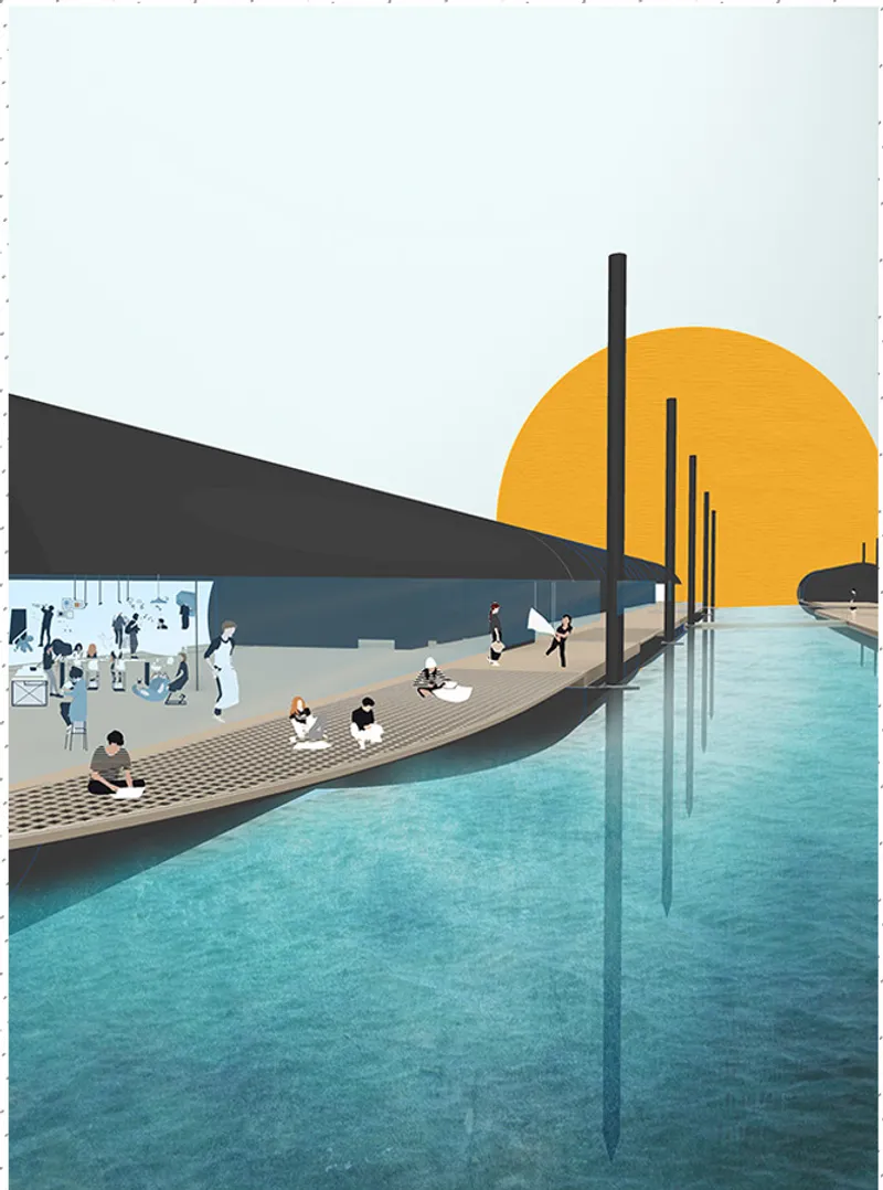 Rendered waterside boardwalk with vertical black posts and figures relaxing beside a reflecting pool at sunset