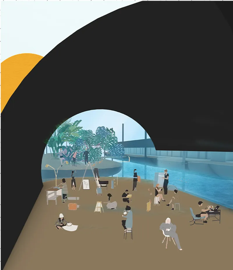Section drawing showing a curved portal framing a gallery space with visitors beside a water edge and planted area