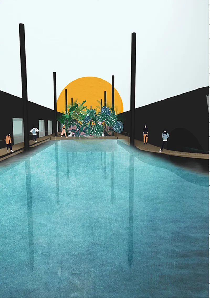 Interior pool view between black walls with tall columns and planted courtyard beneath an orange sun