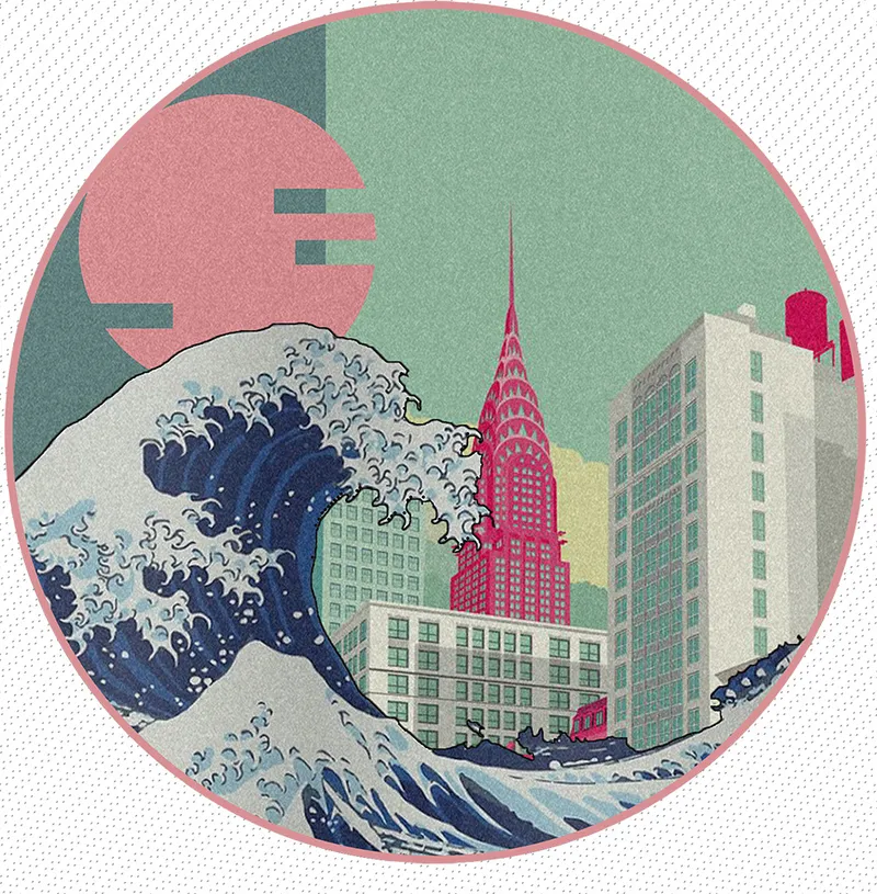 Circular illustration showing high-rise towers behind a large wave in a stylized graphic composition