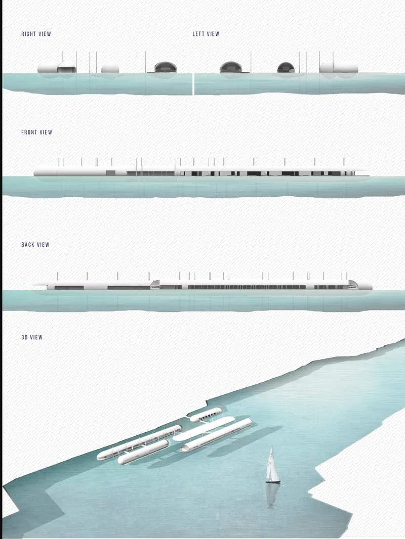 Elevation drawings and aerial view showing three parallel linear structures extending into calm water with a sailboat