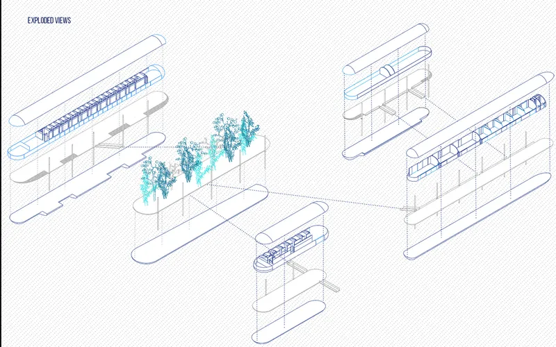 Axonometric drawing depicting three curved pier structures with truss systems and trees on multilevel platforms