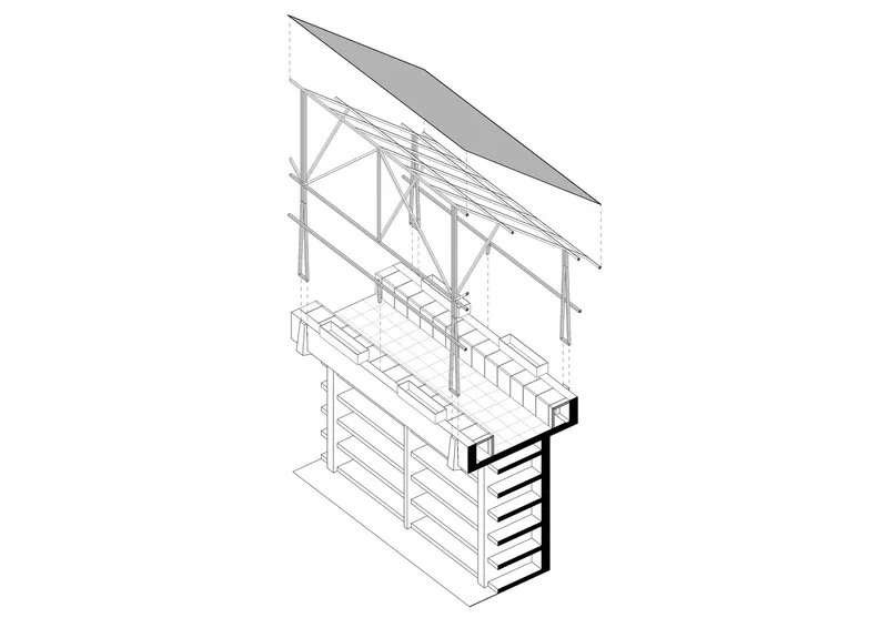 Axonometric drawing showing the layered assembly of canopy structure, seating terraces, and columbarium wall below