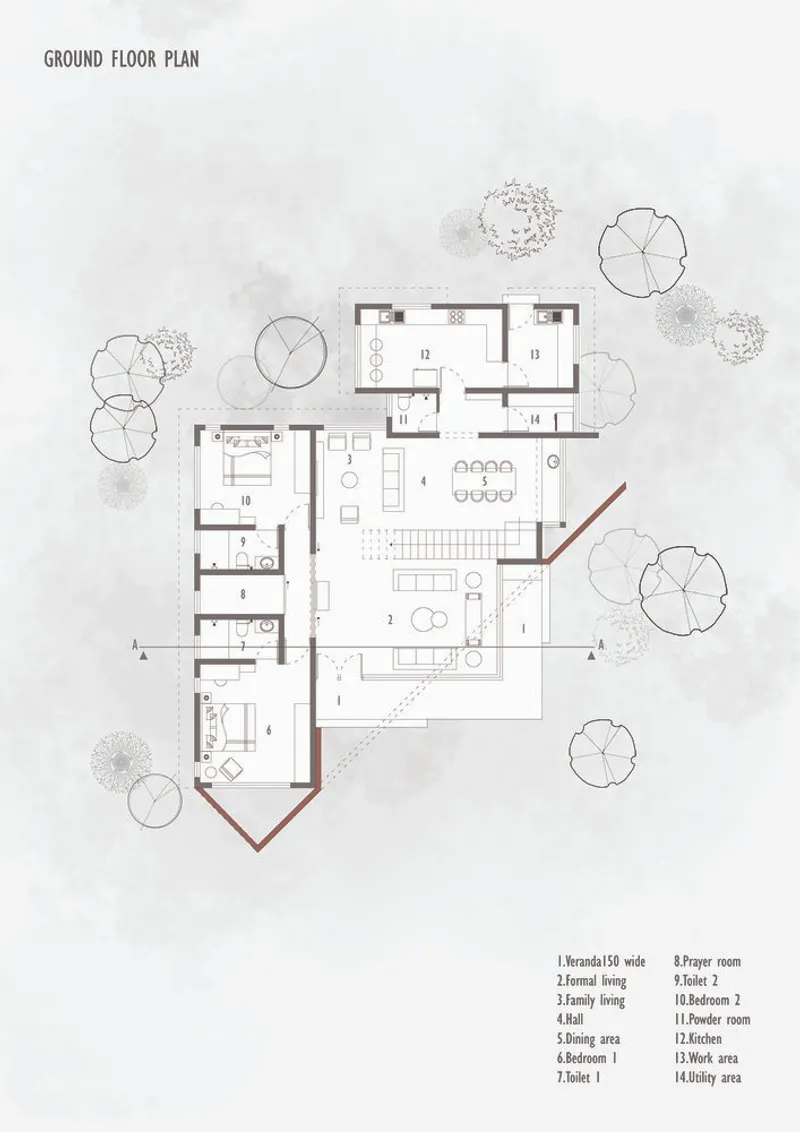 Ground floor plan drawing showing an angular layout with central living spaces and surrounding tree canopies