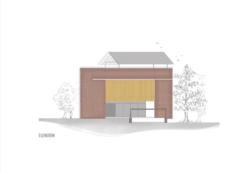 Elevation drawing depicting a brick facade with timber upper window panel and gabled roof