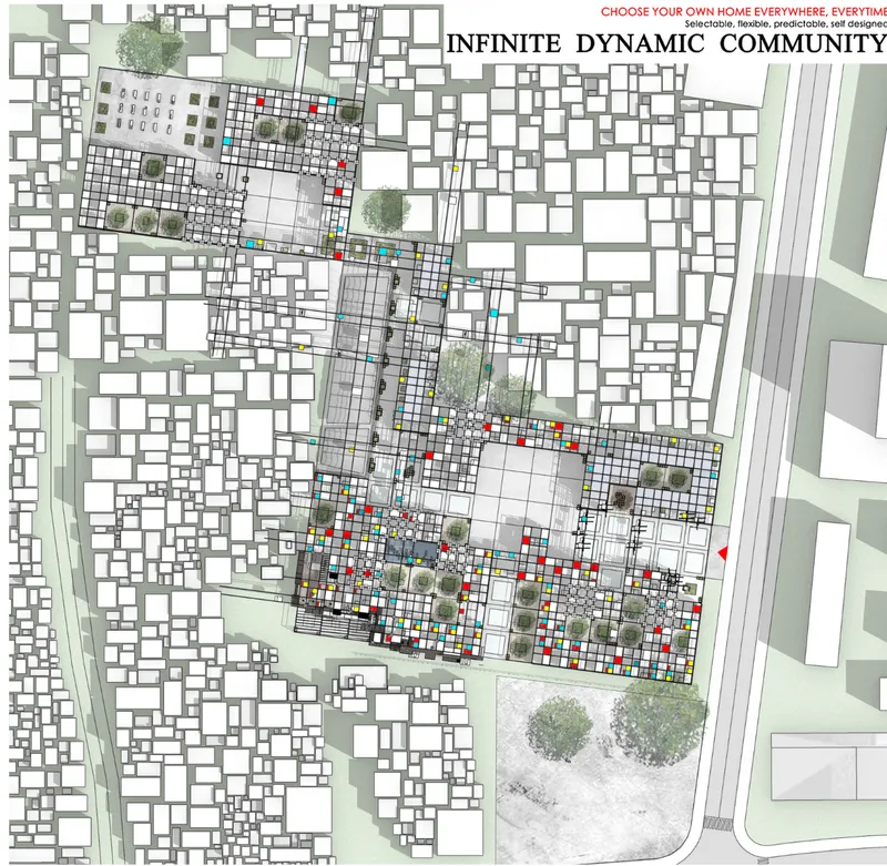 Site plan drawing showing modular grid layout with colored dwelling blocks, courtyards, and trees within surrounding urban fabric