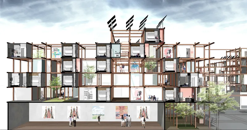 Section drawing of exposed timber framework with modular dwelling units, planted trees, and people at ground level