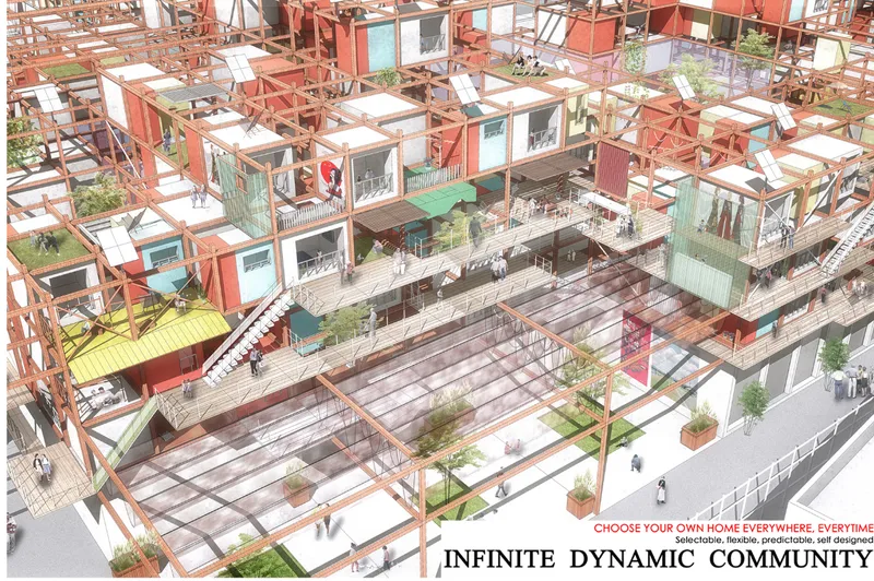 Axonometric rendering of modular dwelling units on structural grid with glazed ground-floor market pavilion and palm trees