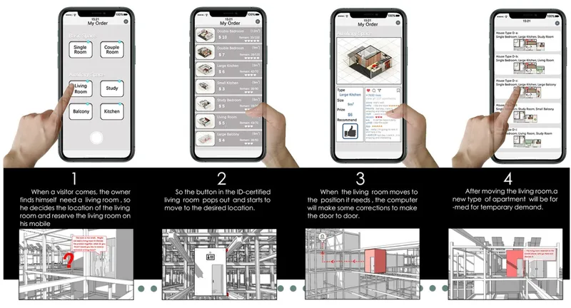 Diagram showing mobile app interface for selecting and relocating modular dwelling units within the structural framework
