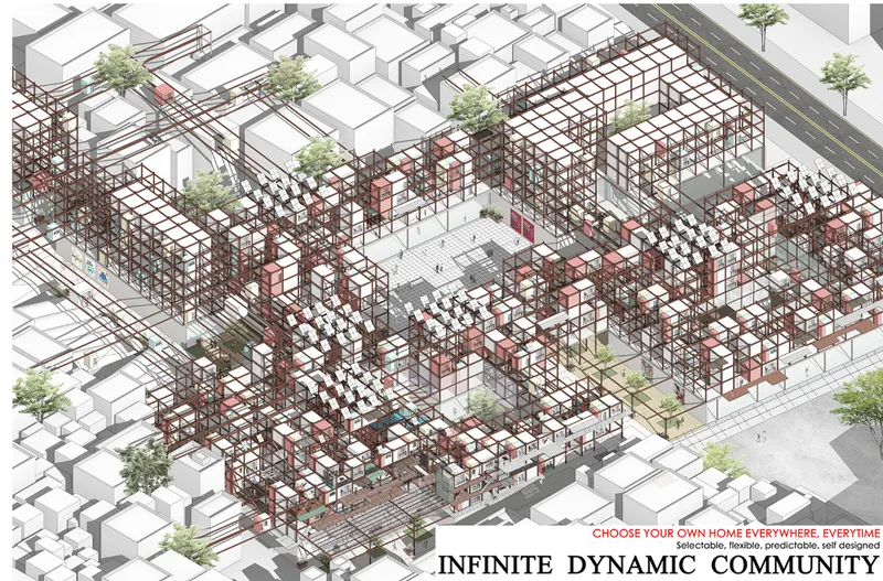 Axonometric drawing of a modular structural framework with colored dwelling units and scattered trees among surrounding buildings