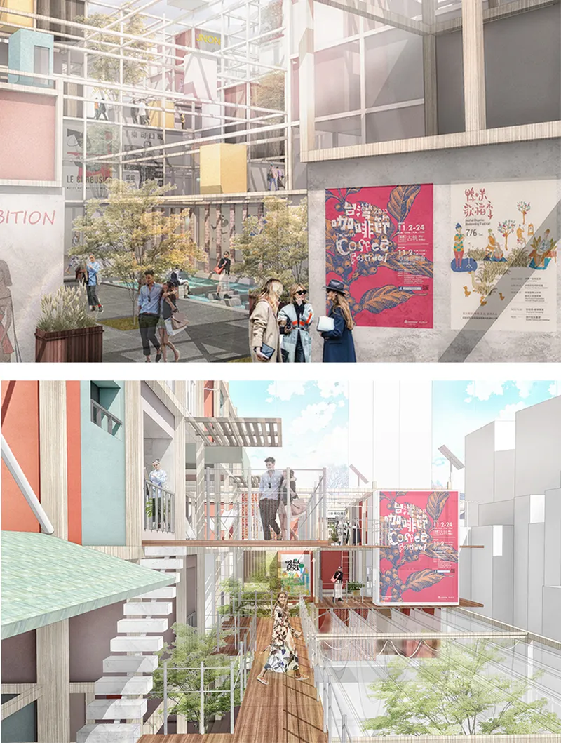 Section rendering showing multilevel interior courtyard with white structural frame, planted trees, and visitors beneath translucent canopy