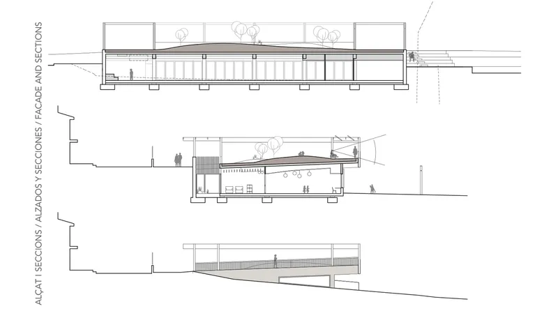 Section drawings showing the timber roof structure, interior spaces and relationship to the sloped site