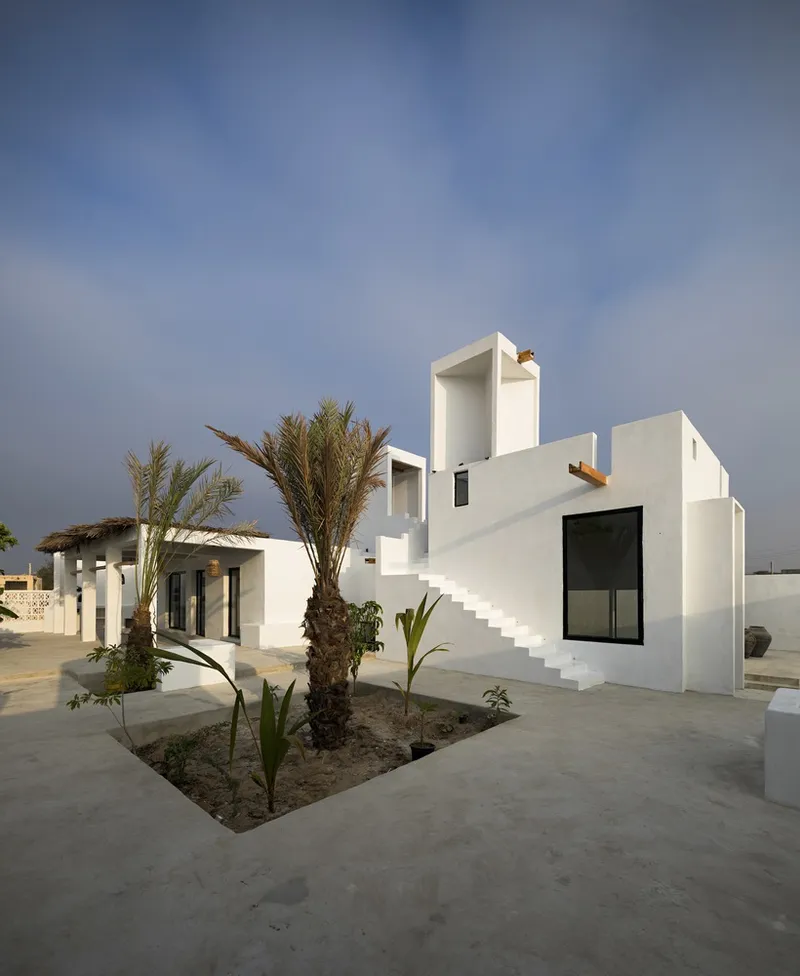 White stucco volumes with planted courtyard bed containing palm trees and exterior stair under a clear sky