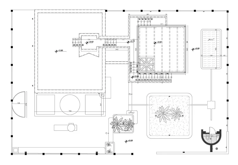 Floor plan drawing showing rooms arranged around courtyards with pools and planted beds