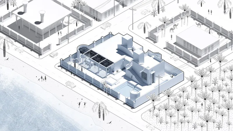 Axonometric drawing showing a residence with courtyard and surrounding orchard plantings