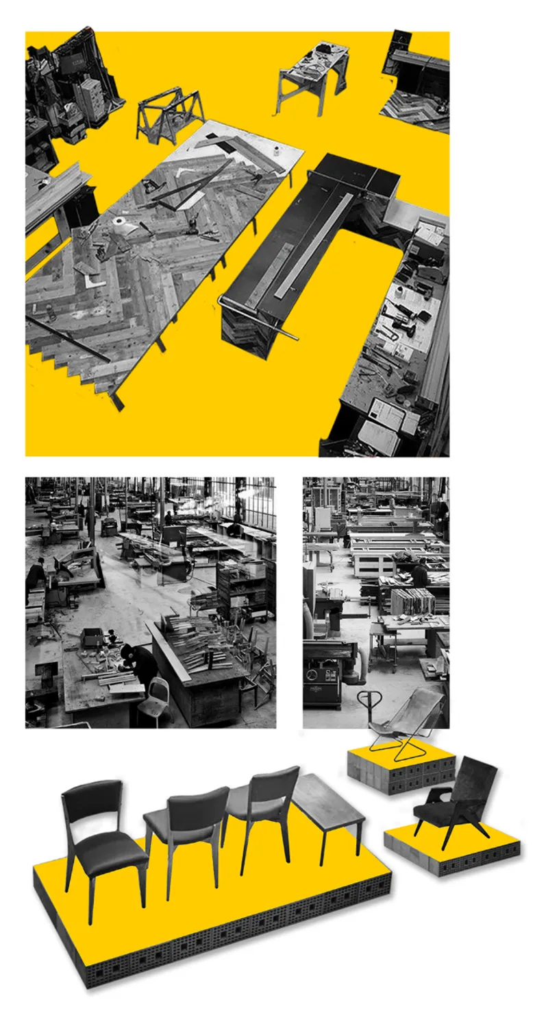 Collage showing workshop spaces and furniture mockups with yellow platforms and black-and-white archival photographs