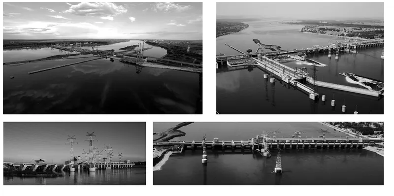 Aerial views of the bridge infrastructure spanning the waterway under cloudy and clear skies