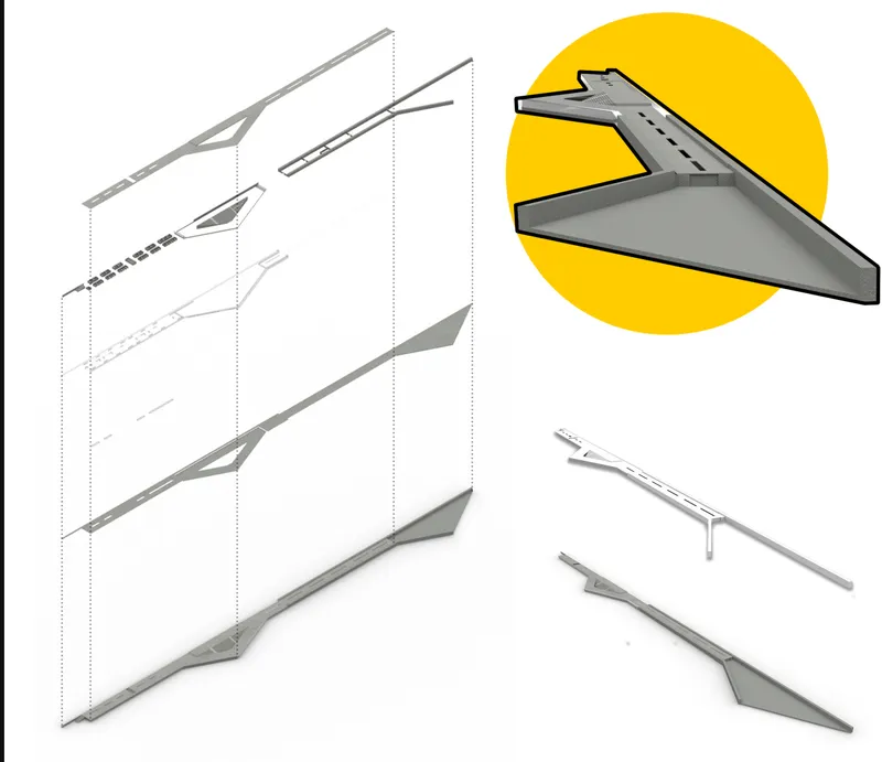 Axonometric drawings showing the angled cantilever structure from multiple viewpoints with sectional cuts