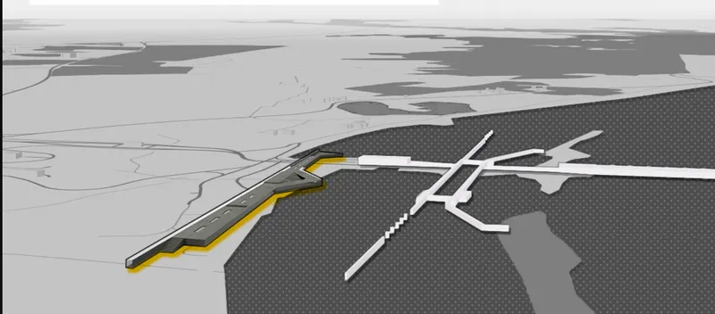 Plan drawing illustrating the cantilevered form extending over the wetland and waterway