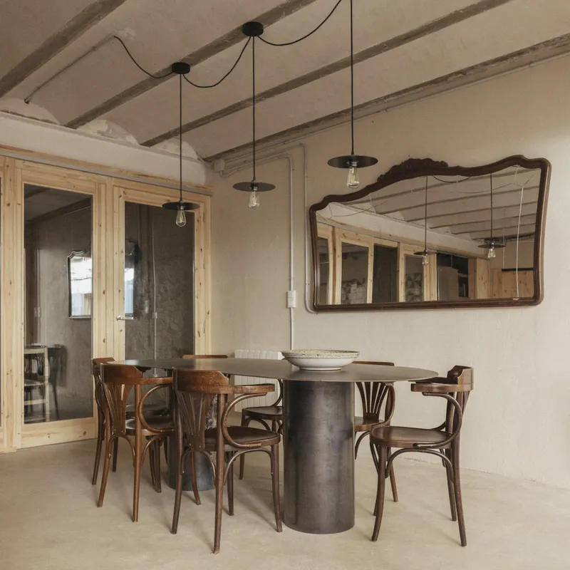 Dining area with round table, bentwood chairs, exposed ceiling beams, and organic-shaped mirror above